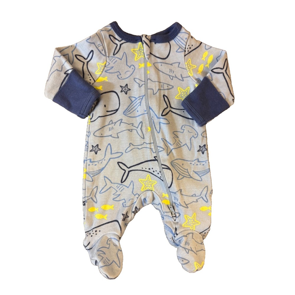 Preemie Baby Boy Sleeper Outfit Zippered Reborn 1 Piece Blue Romper Shark Whale